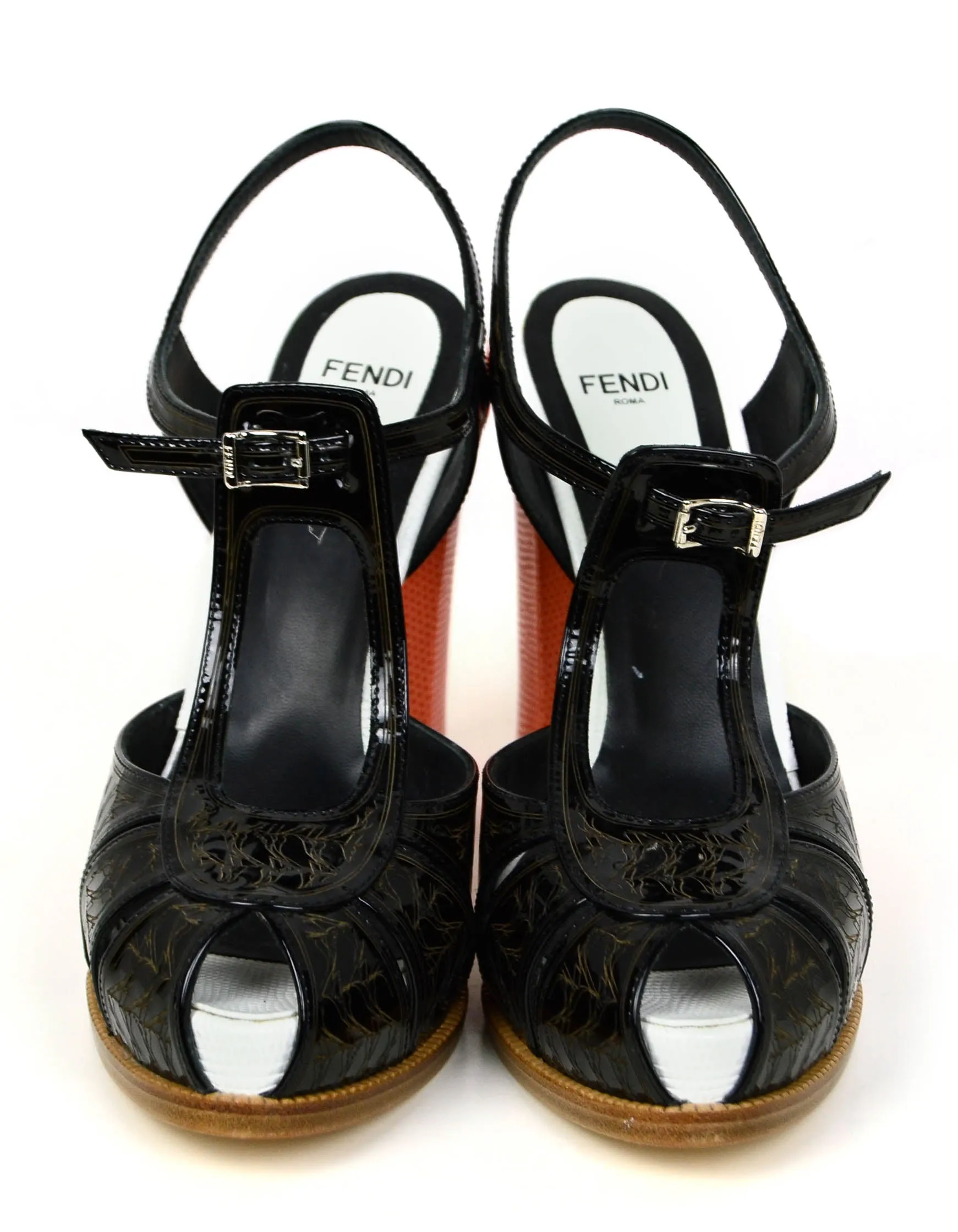 Fendi NEW Black/White/Orange Color Block Platform Sandals Sz 39